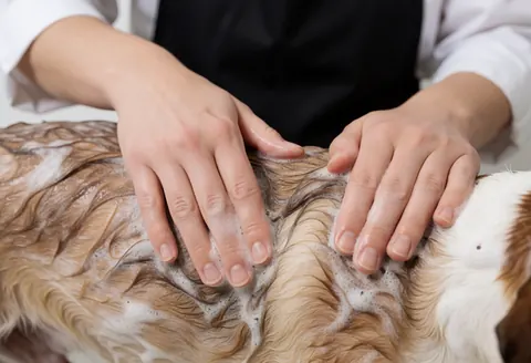 Des mains lavent le pelage d'un chien avec du savon et de la mousse dans une pension canine.