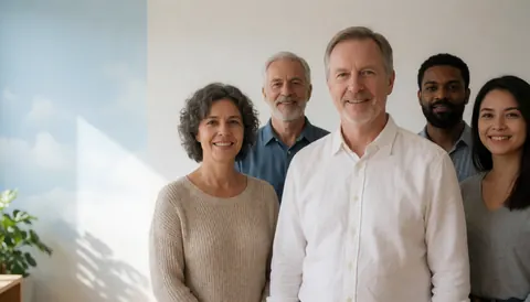 Cinq personnes souriantes posent ensemble dans un bureau aux murs blancs avec une plante.