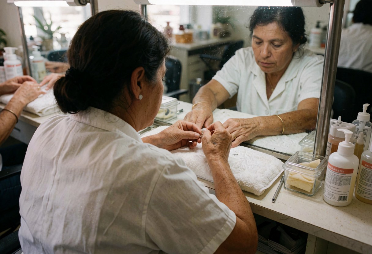 Une femme en uniforme blanc réalise un soin des ongles sur une cliente dans un salon équipé de miroirs et de produits cosmétiques.