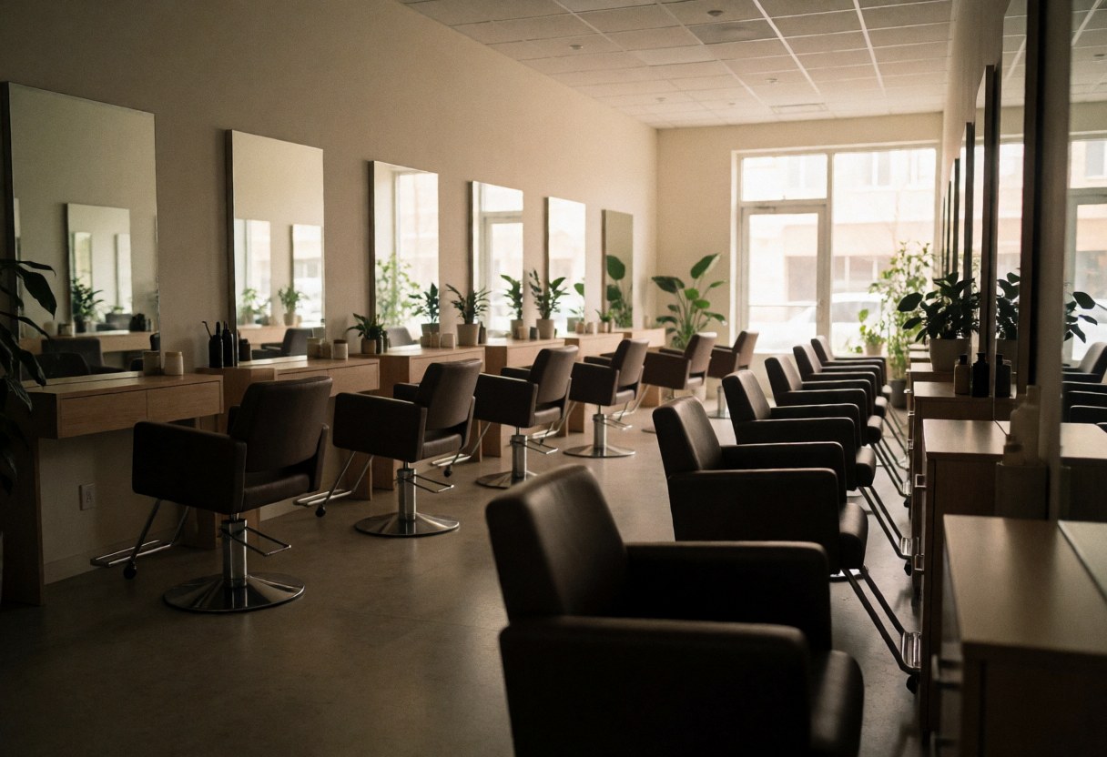Intérieur d'un salon de coiffure moderne avec chaises, miroirs et tables vides baignés de lumière naturelle.