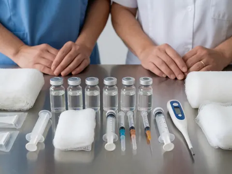 Des outils vétérinaires tels que des seringues, des antibiotiques et un thermomètre disposés sur un comptoir en acier inoxydable prêts à l'emploi.