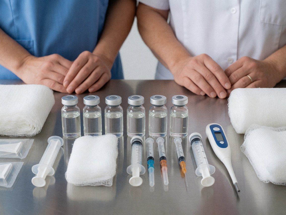 Des outils vétérinaires tels que des seringues, des antibiotiques et un thermomètre disposés sur un comptoir en acier inoxydable prêts à l'emploi.