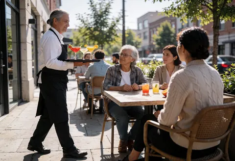 Un serveur professionnel sert des cocktails sur une terrasse en plein air, avec des clients assis à des tables, dans un cadre urbain ensoleillé.