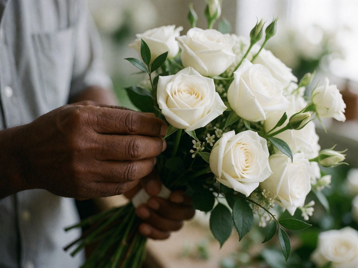 Une main d'arrangeur floral assemble des roses blanches et du feuillage vert dans un atelier, éclairé par une lumière naturelle douce sur un fond flou.