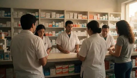 Intérieur d'une pharmacie moderne où le personnel accueille les clients près du comptoir, avec des étagères remplies de médicaments en arrière-plan.