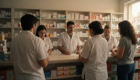 Intérieur d'une pharmacie moderne où le personnel accueille les clients près du comptoir, avec des étagères remplies de médicaments en arrière-plan.