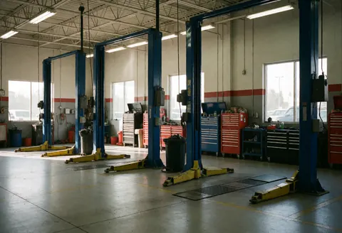 Atelier de réparation automobile vide équipé de balances bleues, de caisses à outils rouges et noires, au sol propre et sous un éclairage fluorescent.
