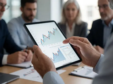 Une main tenant une tablette montrant des graphiques financiers lors d'une réunion professionnelle en bureau moderne.