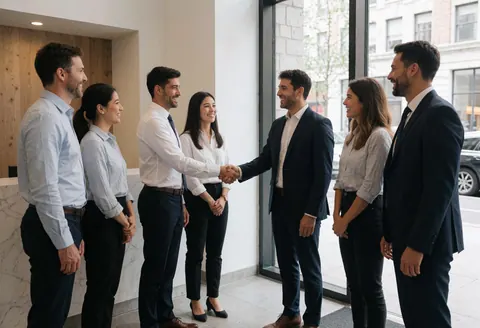 Groupe de professionnels souriants dans un hall moderne, deux hommes se serrent la main pour sceller un accord professionnel.