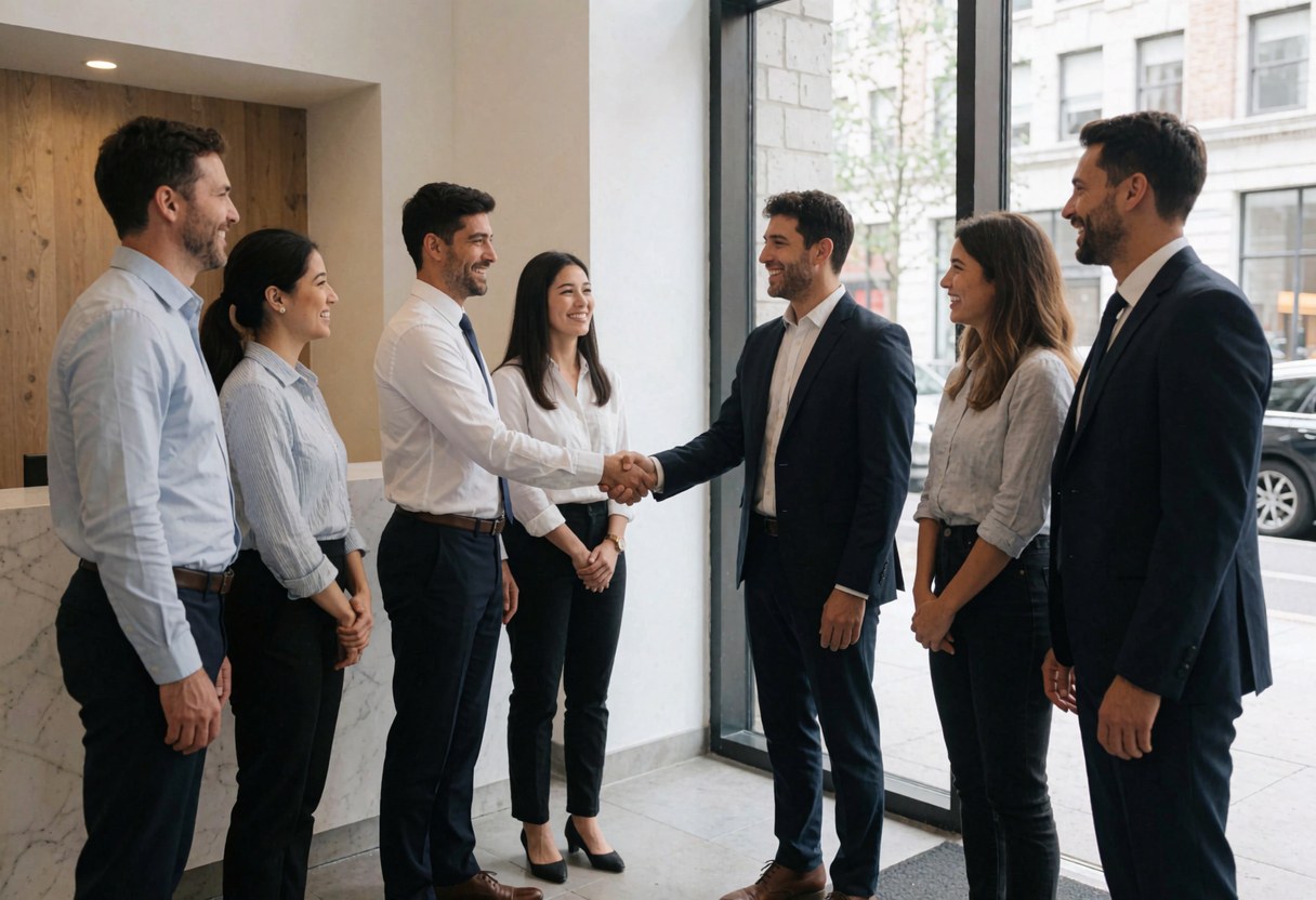 Groupe de professionnels souriants dans un hall moderne, deux hommes se serrent la main pour sceller un accord professionnel.