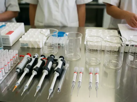 Matériel de laboratoire clinique disposé sur une table en métal, incluant pipettes, seringues et ballons en verre.