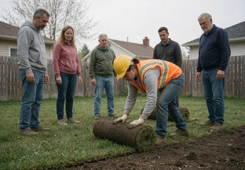 Une ouvrière en casque et gilet pose du gazon enroulé pendant que cinq personnes observent dans un jardin.