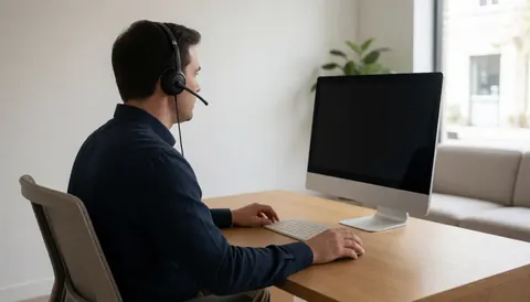 Agent du service client avec casque devant un ordinateur dans un bureau lumineux avec bureau en bois et canapé.
