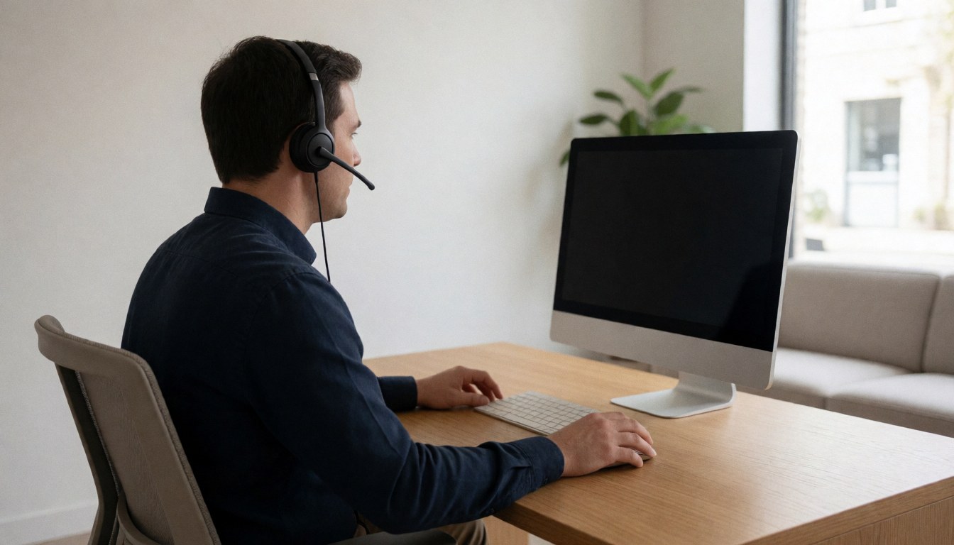 Agent du service client avec casque devant un ordinateur dans un bureau lumineux avec bureau en bois et canapé.