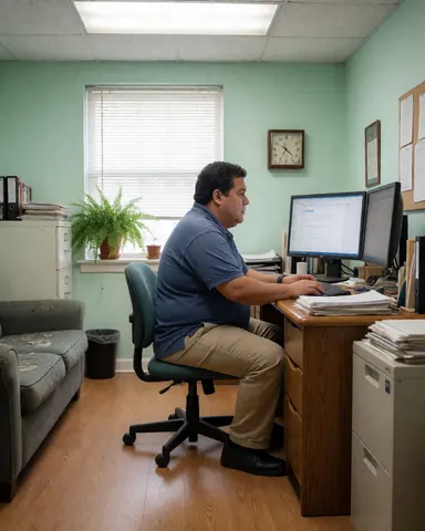 Un homme professionnel est assis à son bureau, concentré sur deux moniteurs. Le bureau contient des documents et une plante se trouve près de la fenêtre.