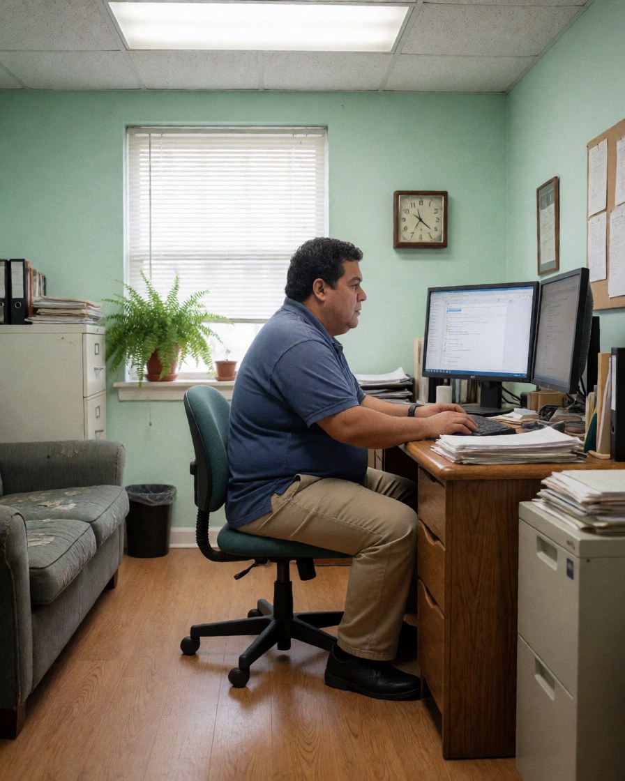 Un homme professionnel est assis à son bureau, concentré sur deux moniteurs. Le bureau contient des documents et une plante se trouve près de la fenêtre.