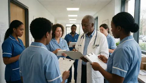 Un médecin âgé portant un stéthoscope examine des papiers avec plusieurs infirmières en uniforme bleu dans le couloir d'une clinique.
