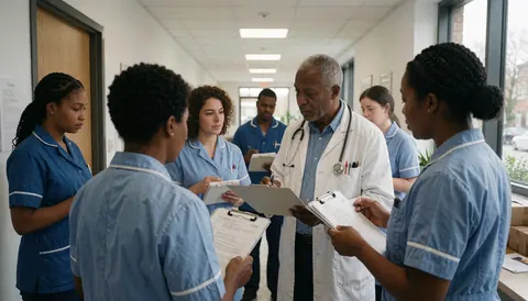 Un médecin âgé portant un stéthoscope examine des papiers avec plusieurs infirmières en uniforme bleu dans le couloir d'une clinique.