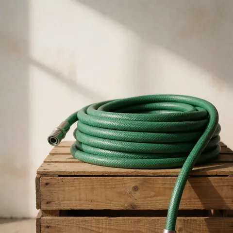 Un tuyau d'arrosage vert est enroulé sur une caisse en bois, posé dans un environnement de travail extérieur.