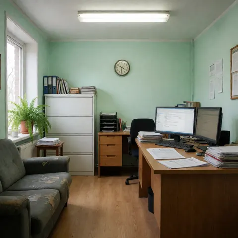 Un bureau équipé de plusieurs écrans, des chaises, une pile de documents, des murs verts et une fenêtre avec une plante.