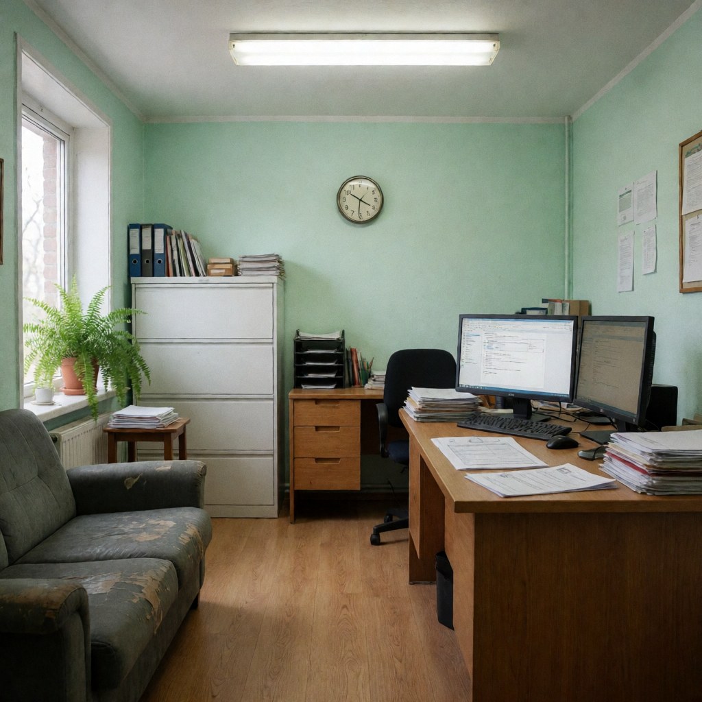 Un bureau équipé de plusieurs écrans, des chaises, une pile de documents, des murs verts et une fenêtre avec une plante.