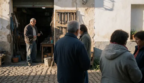Un forgeron âgé accueille des clients dans son atelier situé dans un village aux murs blancs et au sol en pierre.