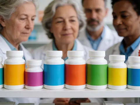 Des bouteilles de vitamines aux étiquettes colorées posées sur une étagère, avec des pharmaciens en arrière-plan examinant les produits.
