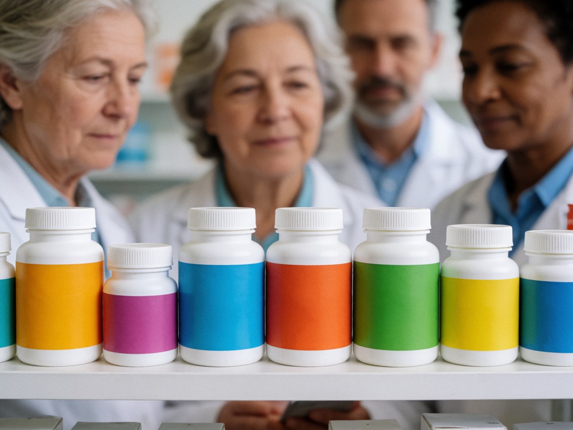 Des bouteilles de vitamines aux étiquettes colorées posées sur une étagère, avec des pharmaciens en arrière-plan examinant les produits.