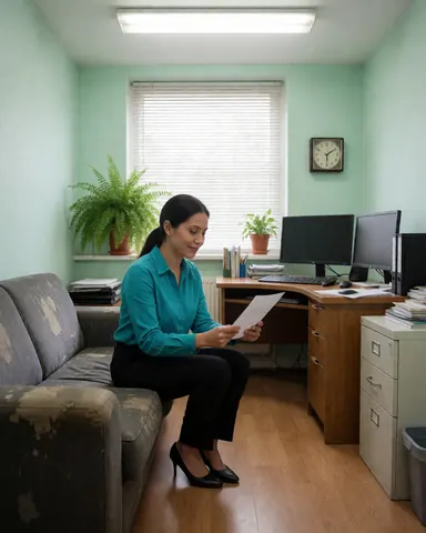 Une femme heureuse examine des papiers assise sur un canapé dans un bureau équipé d'un ordinateur, d'un bureau et de plantes vertes.