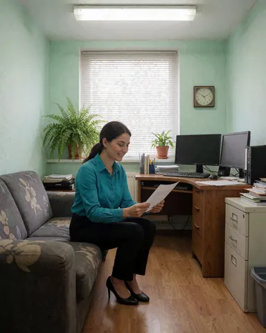 Une femme heureuse examine des papiers assise sur un canapé dans un bureau équipé d'un ordinateur, d'un bureau et de plantes vertes.