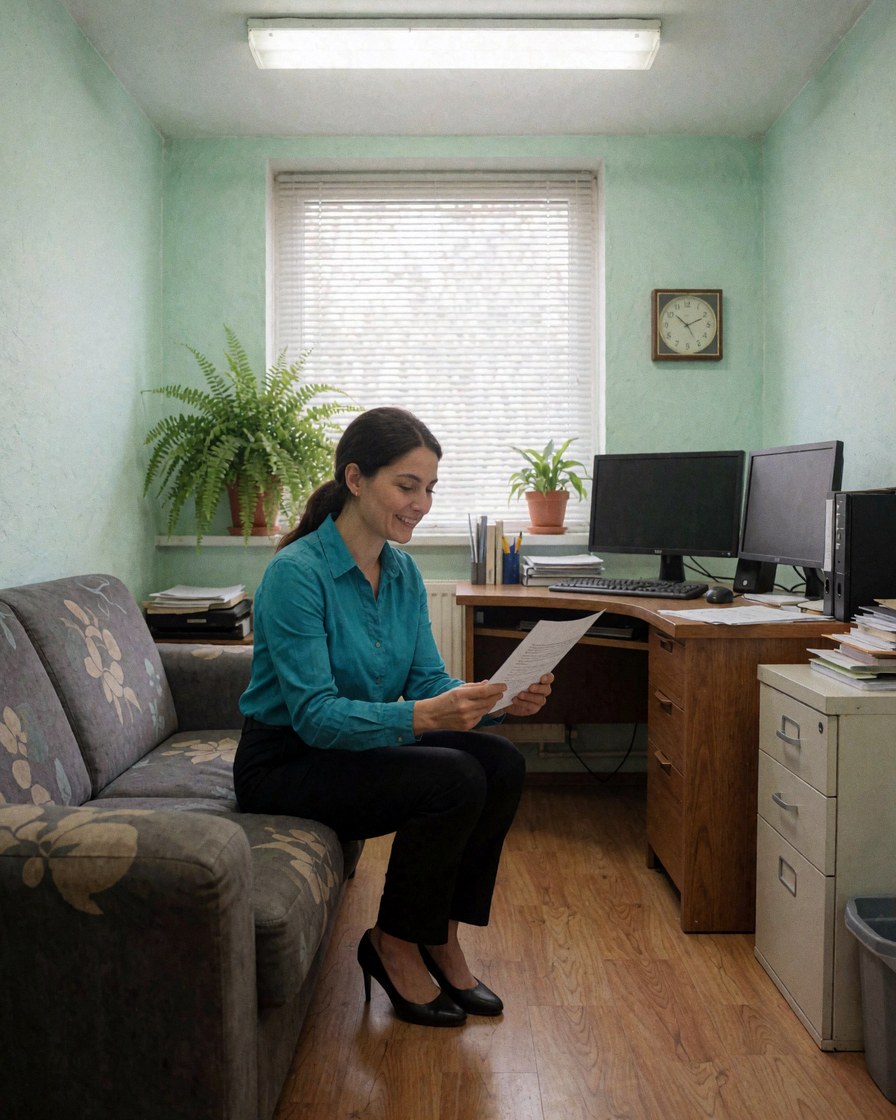 Une femme heureuse examine des papiers assise sur un canapé dans un bureau équipé d'un ordinateur, d'un bureau et de plantes vertes.