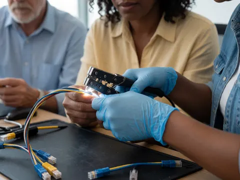 Technicien portant des gants bleus connectant un câble réseau avec un outil sur une table de travail.
