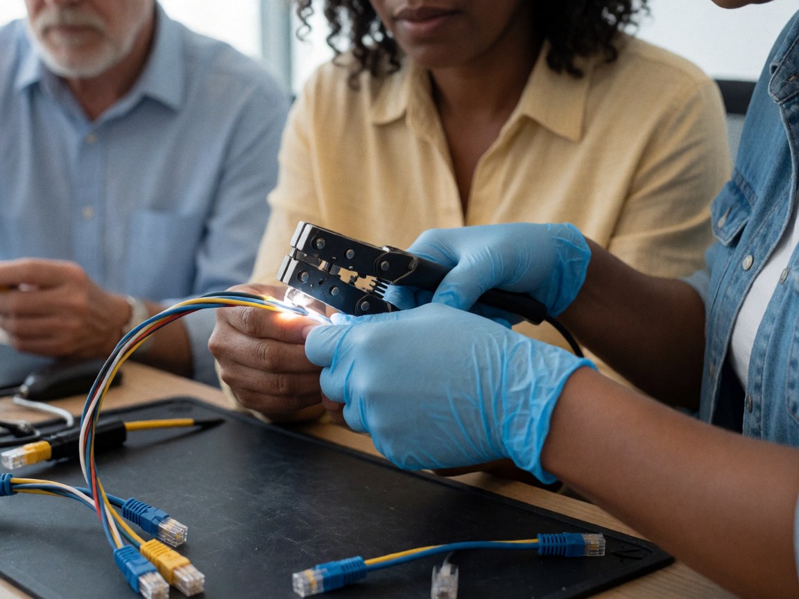 Technicien portant des gants bleus connectant un câble réseau avec un outil sur une table de travail.