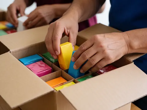 Des mains d'adulte placent des articles aux couleurs vives dans une boîte d'expédition, éclairage lumineux, idéal pour le e-commerce.