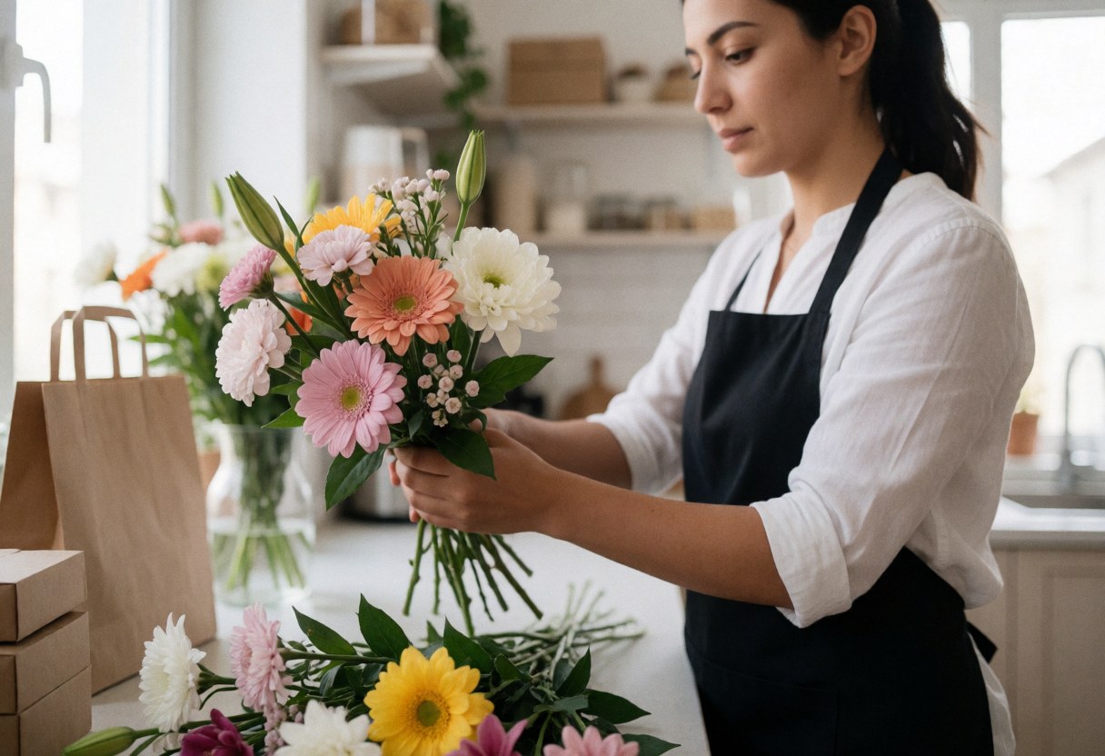 Une femme portant un tablier noir ajuste un bouquet de fleurs colorées dans une cuisine lumineuse, entourée de sacs et de boîtes en papier.