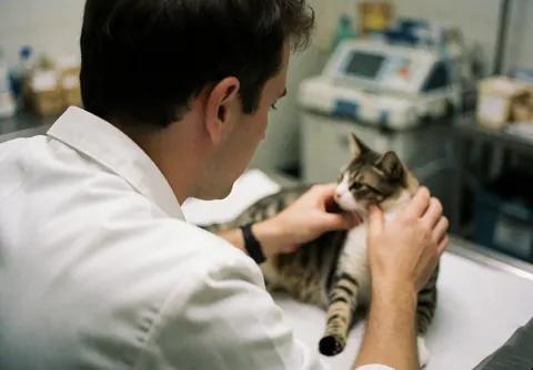 Un vétérinaire en blouse blanche examine un chat attentif posé sur une table d'examen dans une clinique, avec du matériel médical flou en arrière-plan.