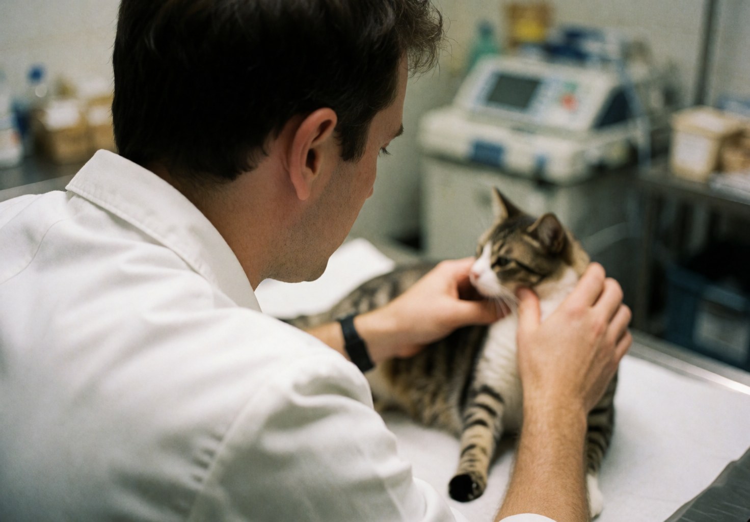Un vétérinaire en blouse blanche examine un chat attentif posé sur une table d'examen dans une clinique, avec du matériel médical flou en arrière-plan.