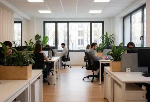 Intérieur d'un bureau moderne avec tables blanches, plantes vertes, grandes fenêtres et personnes travaillant sur des ordinateurs, éclairage naturel.
