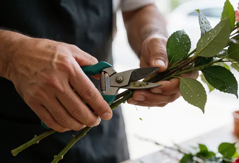 Un homme utilise des ciseaux pour tailler des tiges florales aux feuilles humides dans un atelier, sous une lumière naturelle mettant en valeur les détails.