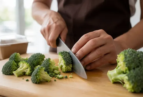 Des mains tranchent des morceaux de brocoli vert vif sur une surface en bois, dans un environnement lumineux évoquant la préparation culinaire.