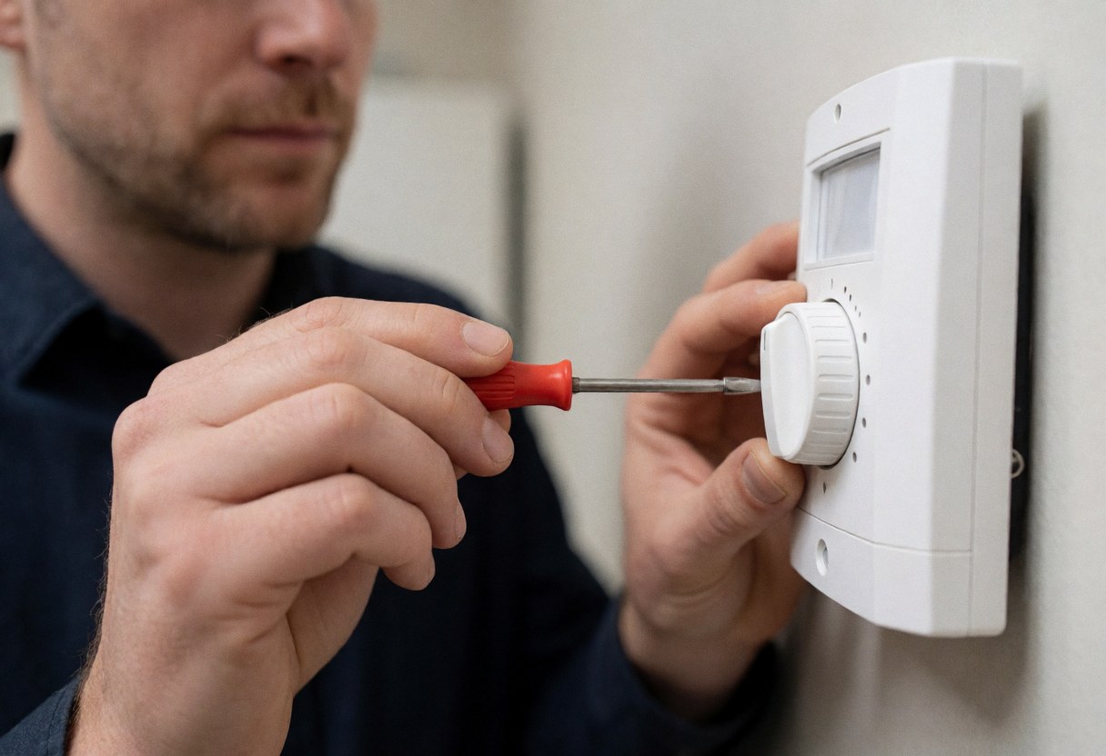 Un technicien ajuste le cadran de sensibilité d'un détecteur de mouvement blanc fixé au mur à l'aide d'un tournevis rouge.