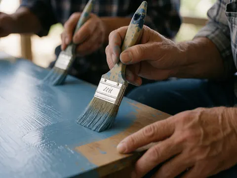 Mains d'adulte appliquant une peinture bleue sur une surface en bois, texture visible, éclairage naturel et mise au point sélective pour projets de décoration.