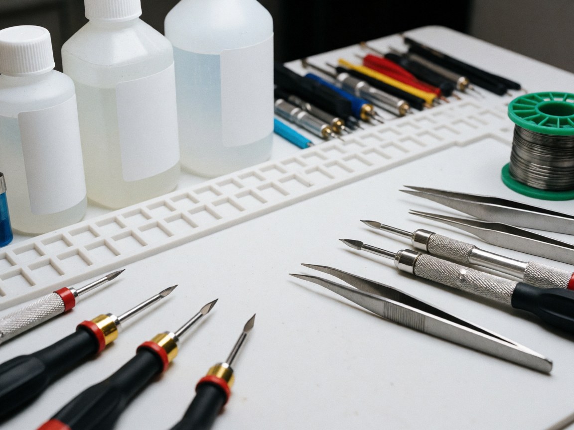 Vue rapprochée d'outils de réparation électronique disposés sur une surface blanche, incluant tournevis, pinces et bobine de soudure.