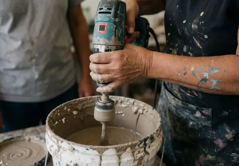 Une personne utilise un outil électrique pour mélanger de la peinture dans un seau, portant des taches sur le bras et les vêtements.