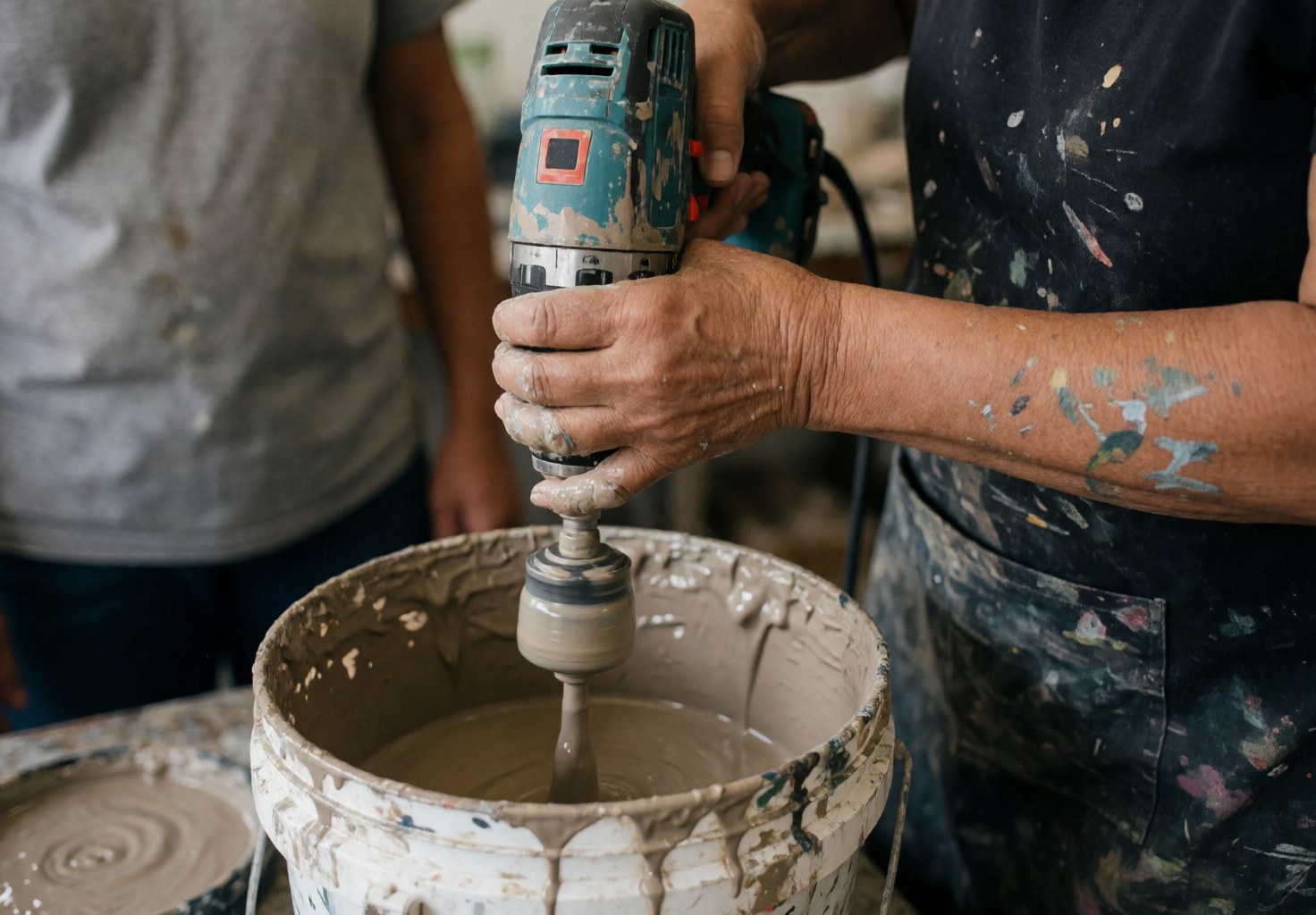 Une personne utilise un outil électrique pour mélanger de la peinture dans un seau, portant des taches sur le bras et les vêtements.