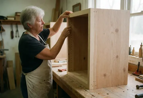 Une femme portant un tablier assemble un meuble en bois dans un atelier de menuiserie avec des outils.
