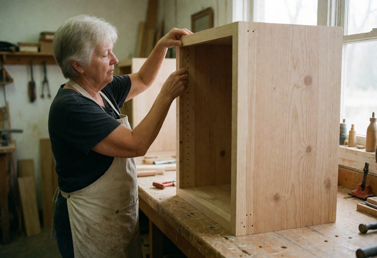 Une femme portant un tablier assemble un meuble en bois dans un atelier de menuiserie avec des outils.