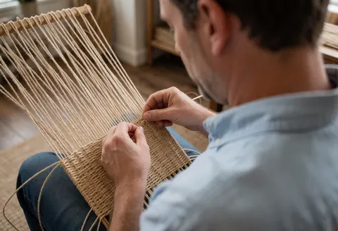 Un homme en chemise bleue et jean tisse du fil naturel dans un atelier, démontrant concentration et savoir-faire artisanal.