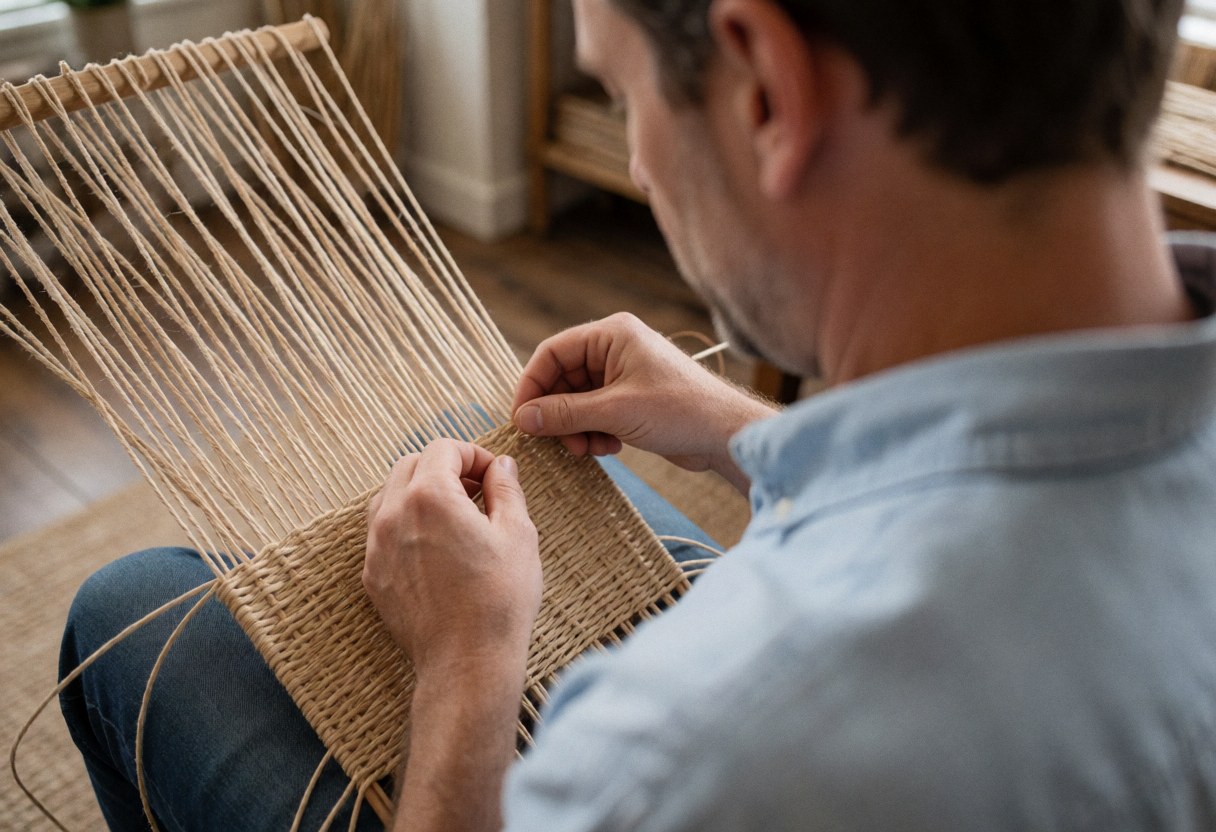 Un homme en chemise bleue et jean tisse du fil naturel dans un atelier, démontrant concentration et savoir-faire artisanal.