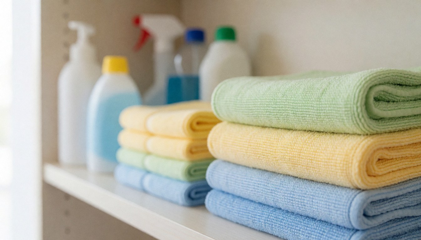 Serviettes en microfibre colorées et produits de nettoyage disposés sur une étagère, servant de fond pour des services de nettoyage professionnel.